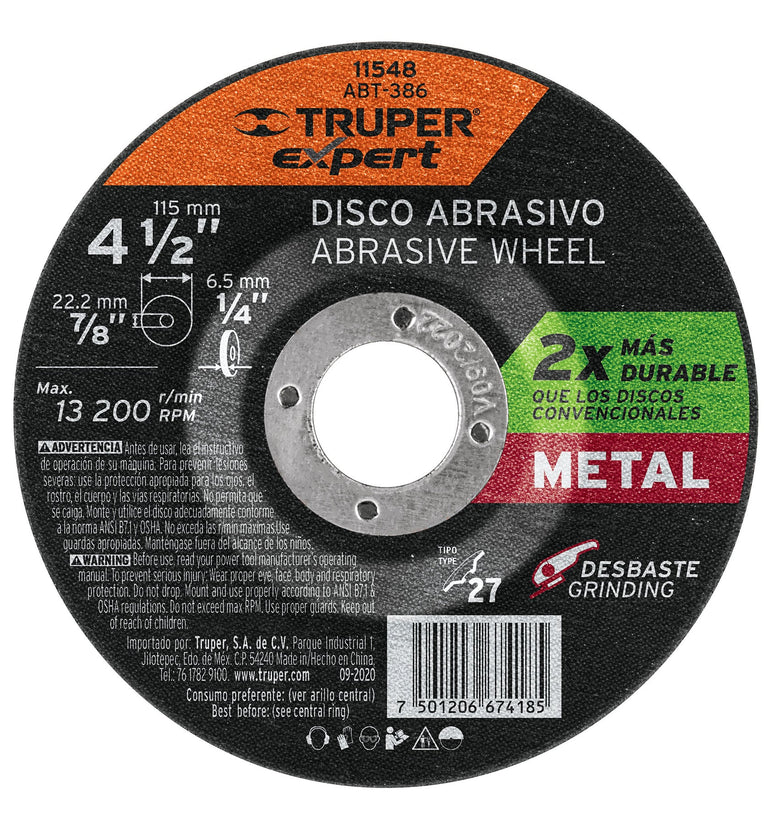 Disco desbaste metal,tipo27,diametro 4-1/2',alto rendimiento Truper 11548 ABT-386