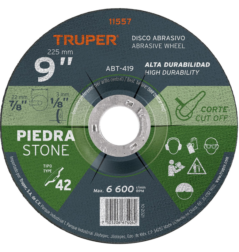 Disco para corte de piedra, tipo 27, diametro 9' Truper 11557 ABT-419