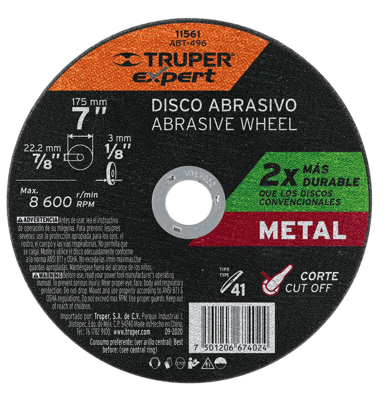 Disco para corte de metal, tipo 1, diametro 7' Truper 11561 ABT-496