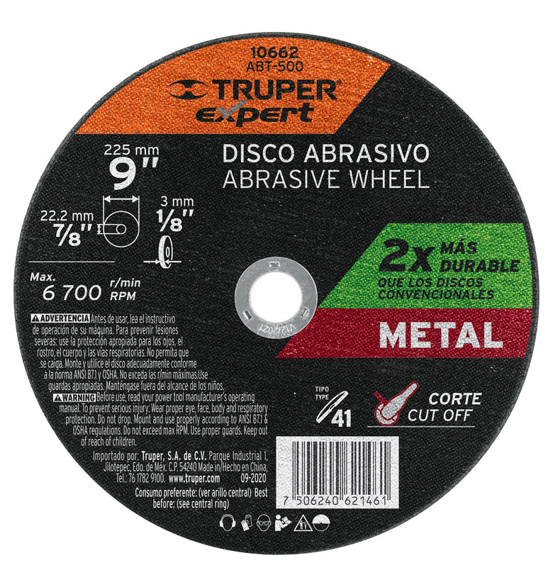 Disco para corte de metal, tipo 41, diametro 9' Truper 10662 ABT-500