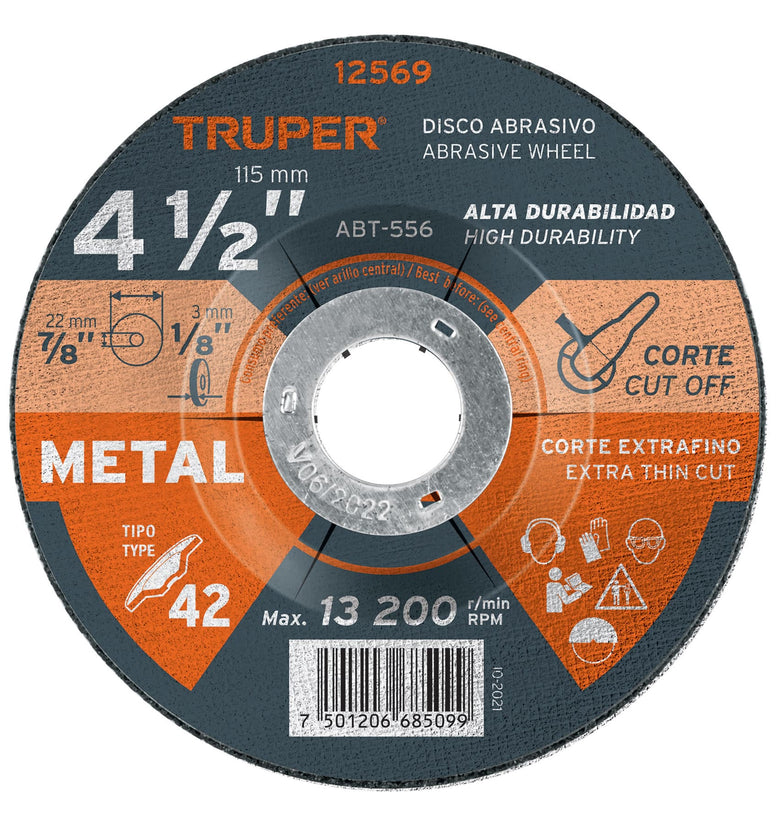 Disco para corte de metal, tipo 27, diametro 4-1/2' Truper 12569 ABT-556