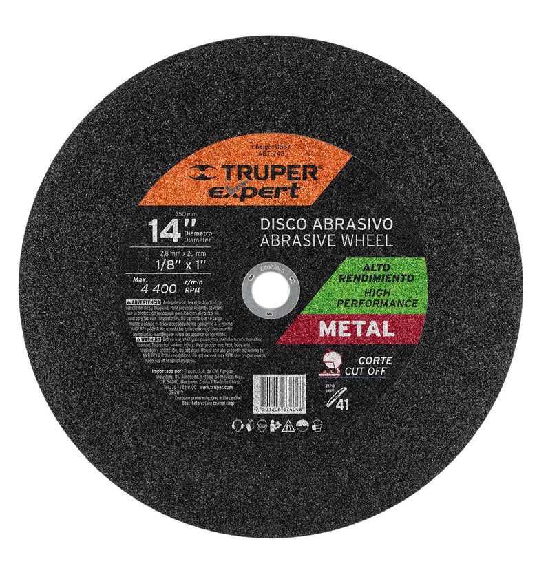 Disco para corte de metal, tipo 41, diametro 14' Truper 11567 ABT-742