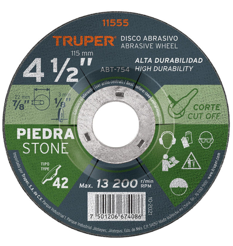 Disco para corte de piedra, tipo 27, diametro 4-1/2' Truper 11555 ABT-754