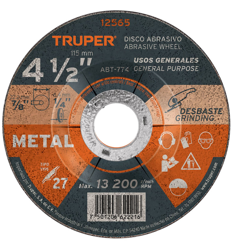 Disco para desbaste de metal, tipo 27, diametro 4-1/2' Truper 12565 ABT-774