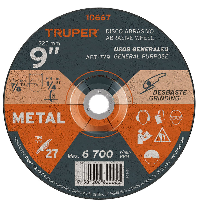 Disco para desbaste de metal, tipo 27, diametro 9' Truper 10667 ABT-779