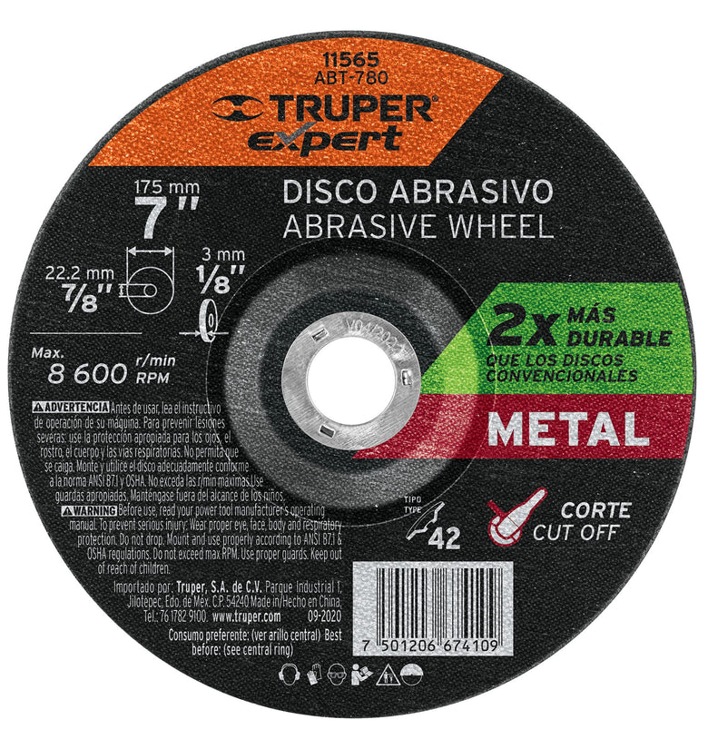 Disco p/corte metale, tipo42, diametro 7', alto rendimiento Truper 11565 ABT-780