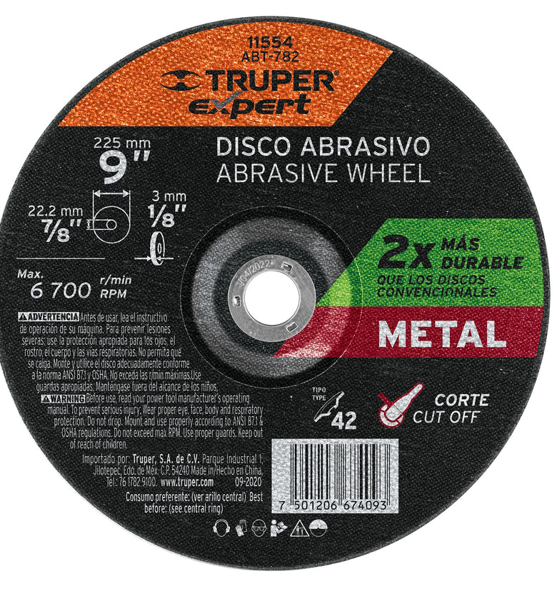 Disco p/corte metale, tipo27, diametro 9', alto rendimiento Truper 11554 ABT-782