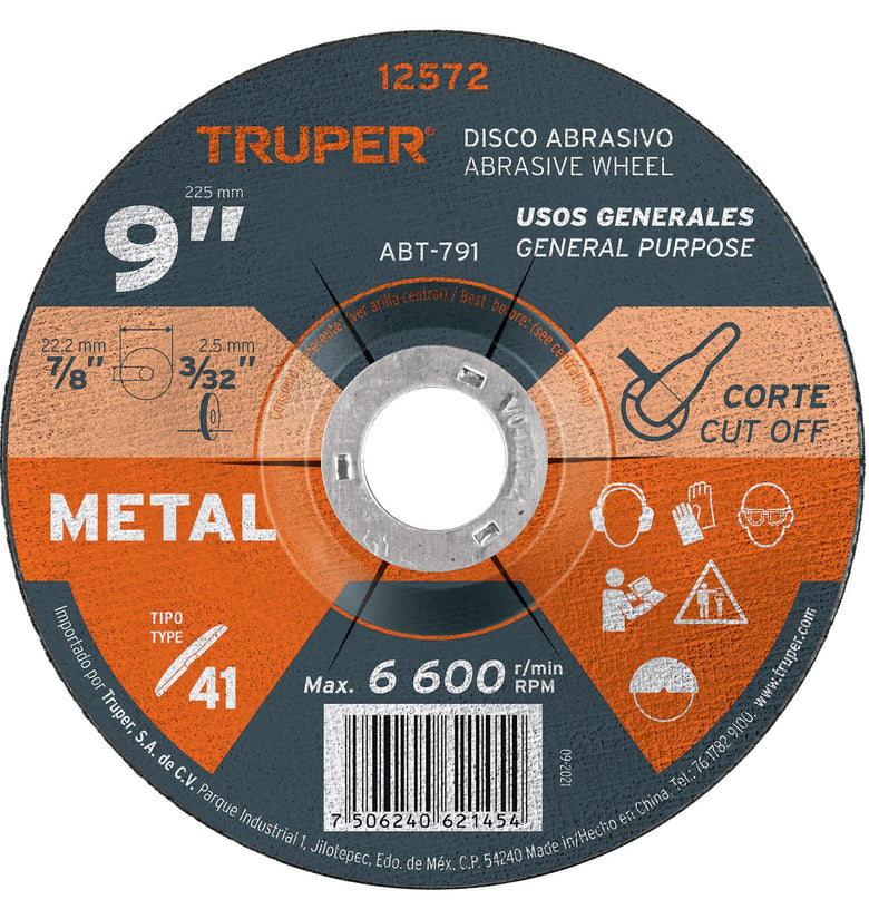 Disco p/corte de metal, tipo 41, diametro 9' , usos generale Truper 12572 ABT-791