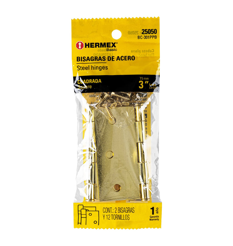 Bisagra latonada cuadrada 3', blister 2 pzas, Hermex Basic Hermex 25050 BC-301PPB