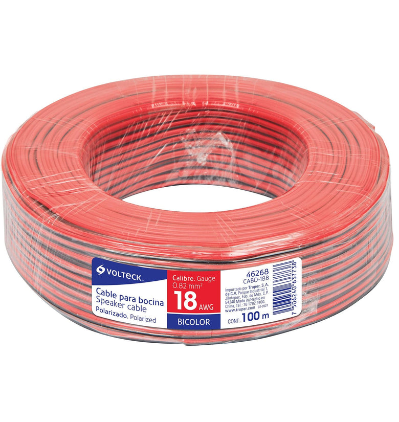 Cable para bocina, 18 AWG, bicolor, 100 m Volteck 46268 CABO-18B