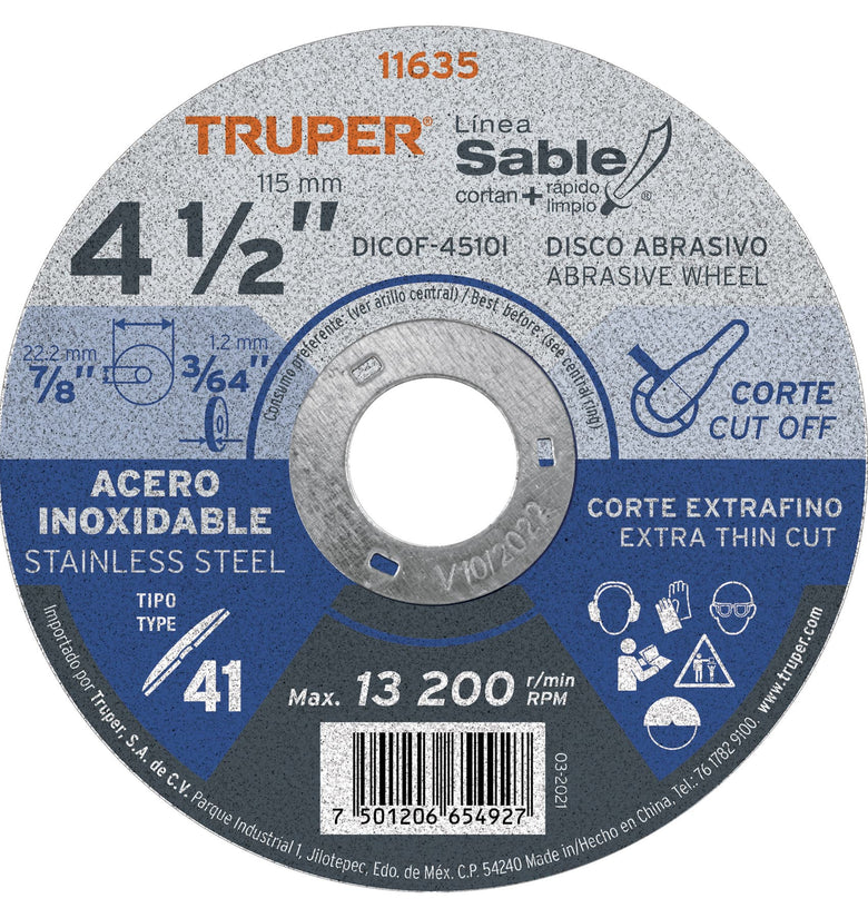 Disco para corte acero inoxidable, tipo 41, diametro 4-1/2' Truper 11635 ABT-751