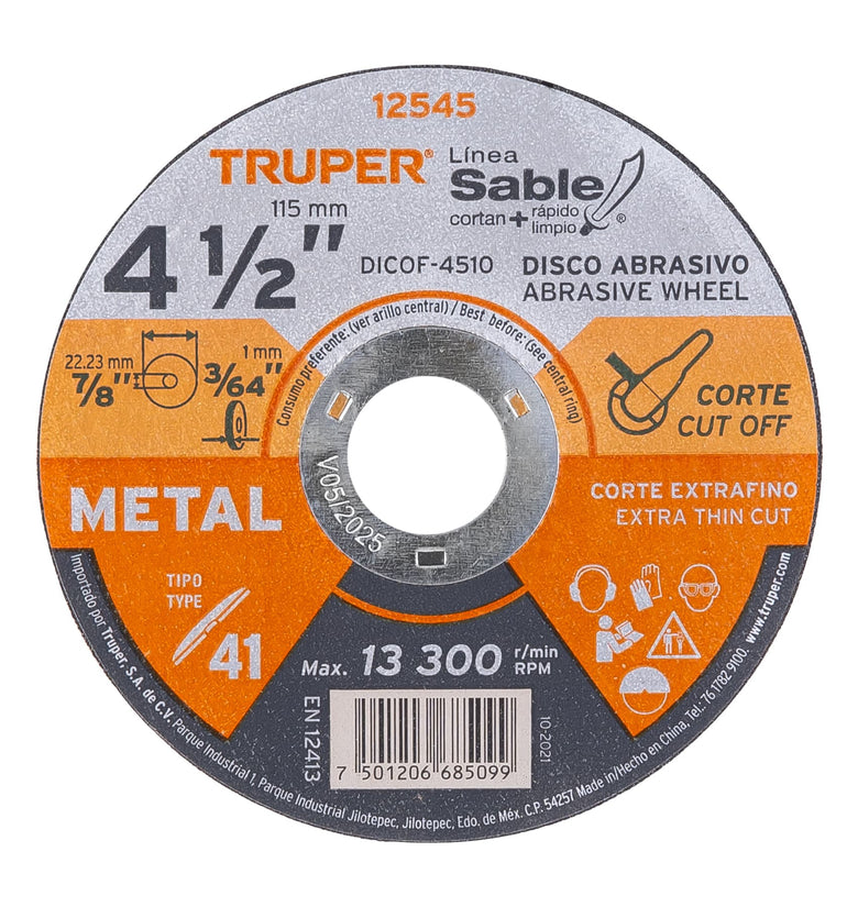 Disco Tipo 41 para corte fino de metal Linea Sable 4-1/2' Truper 12545 DICOF-4510