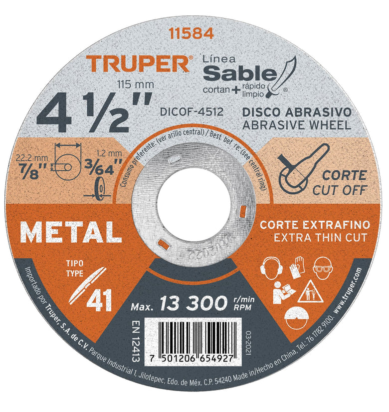 Disco Tipo 41 para corte fino de metal Linea Sable 4-1/2' Truper 11584 DICOF-4512
