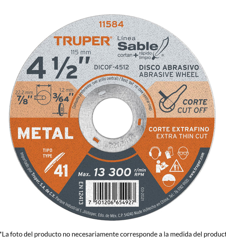 Disco Tipo 41 para corte fino de metal Linea Sable 4-1/2' Truper 11585 DICOF-4516
