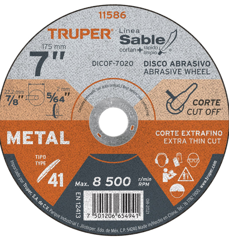 Disco Tipo 41 para corte fino de metal Linea Sable 7' Truper 11586 DICOF-7020