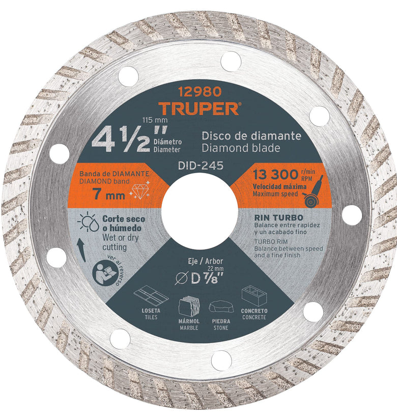 Disco de diamante, rin turbo, diametro 4-1/2' Truper 12980 DID-245