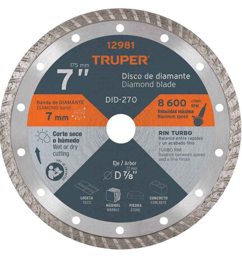 Disco de diamante, rin turbo, diametro 7' Truper 12981 DID-270