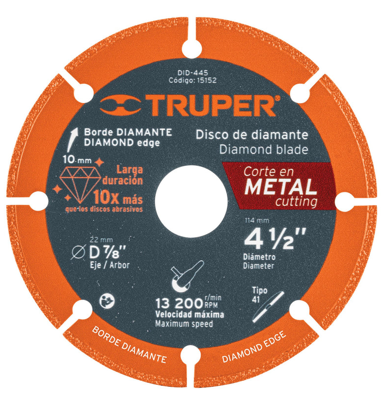 Disco de diamante, 4-1/2' corte metal Truper 15152 DID-445