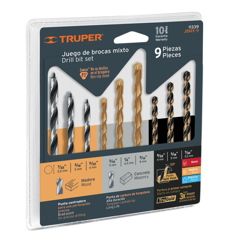 Juego de brocas mixto, 9 piezas Truper 11339 JBMX-9