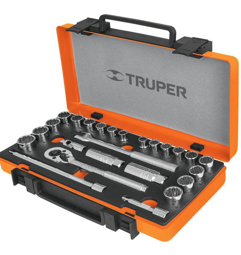 Juego de autocle, cuadro 3/8', 26 piezas, std y mm Truper 13954 JD-3/8X26MP