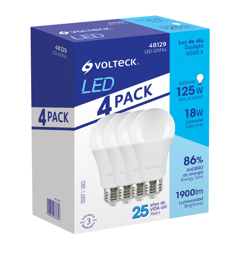 Lampara de LED, bulbo, A19, 18 W, luz de dia, 4 pzas, caja Volteck 48129 LED-125FX4