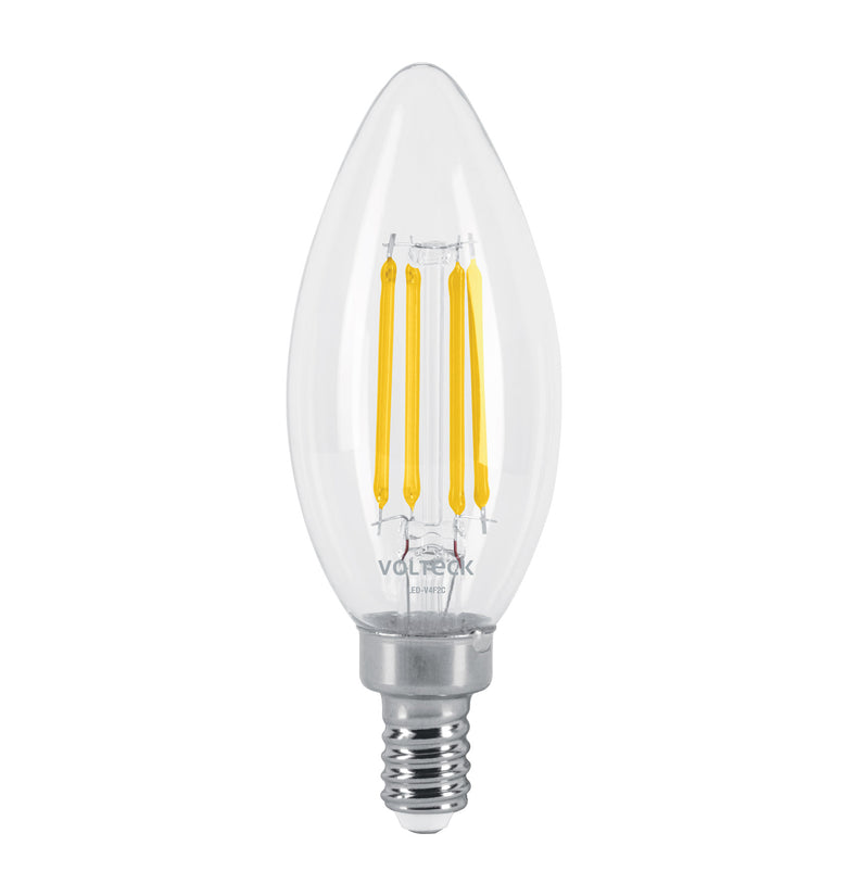 Lampara LED tipo vela 4 W con filamento base E12 luz calida Volteck 48253 LED-V4F2C