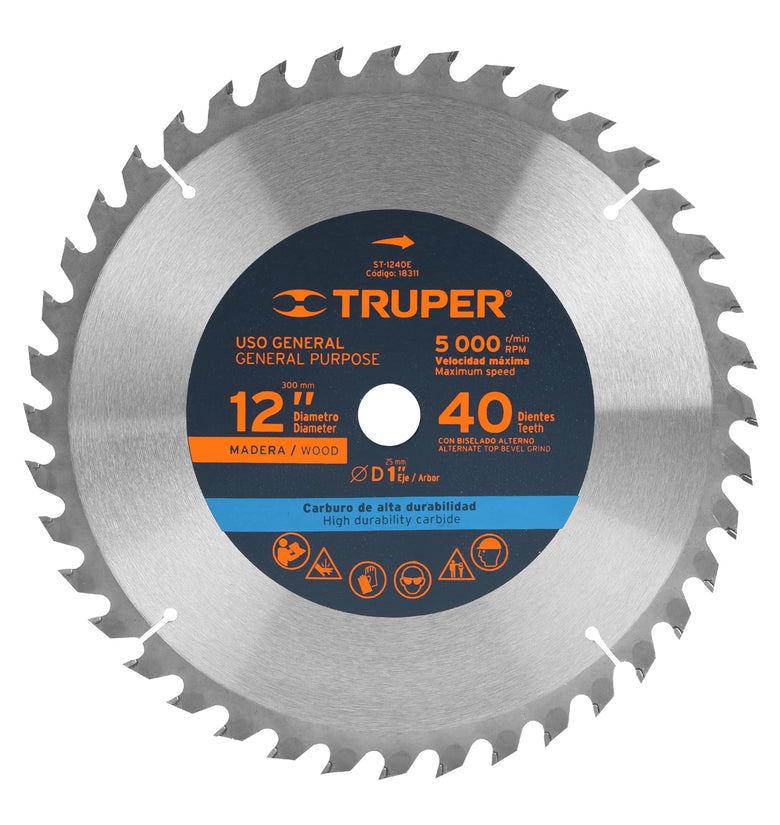 Sierra circular para madera 12', 40 dientes, centro 1' Truper 18311 ST-1240E