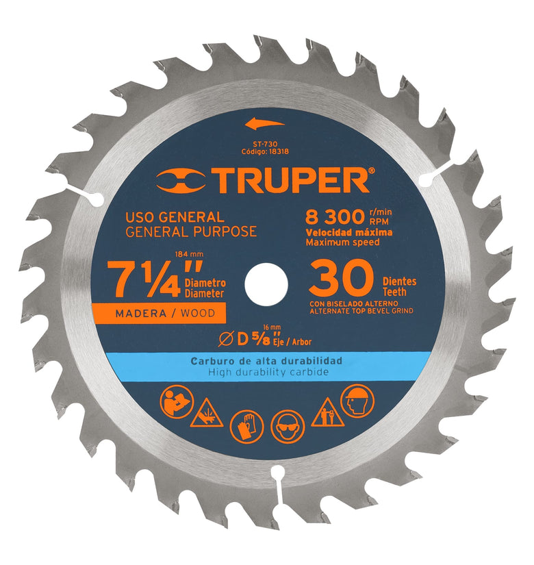 Sierra circular para madera 7-1/4', 30 dientes, centro 5/8' Truper 18318 ST-730