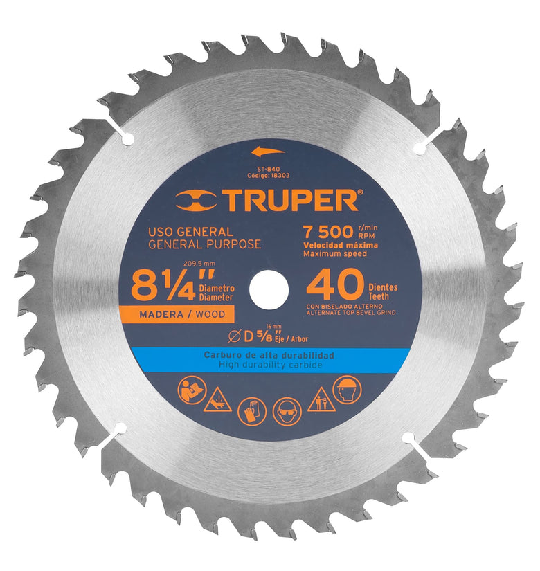 Sierra circular para madera 8-1/4', 40 dientes, centro 5/8' Truper 18303 ST-840